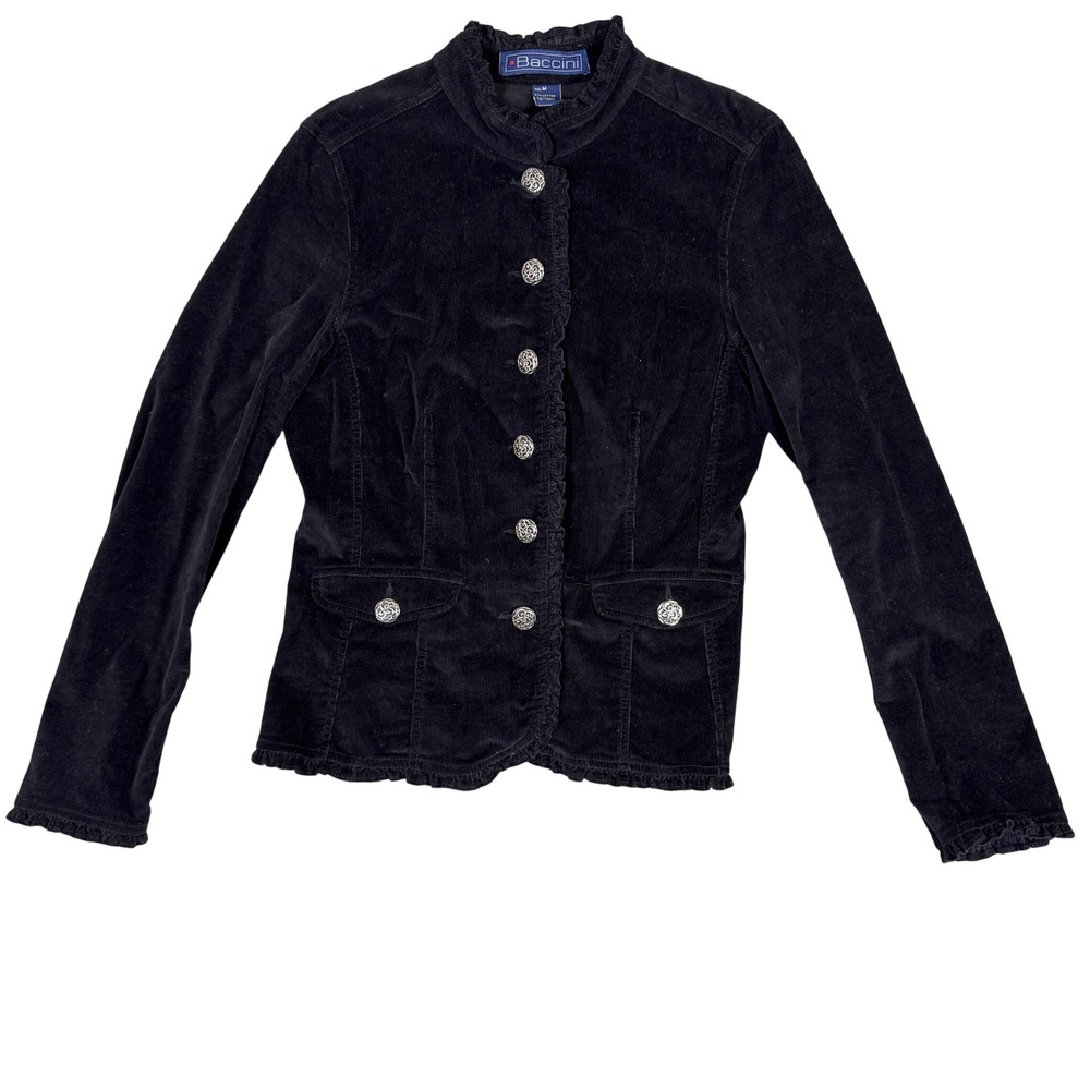 Baccini Black Corduroy Ruffle Trim Jacket Silver Filigree Button Mock Neck M